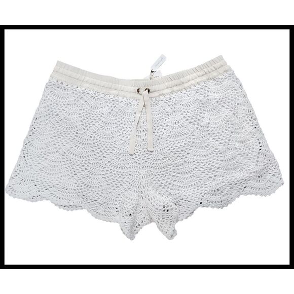 NWT Club Monaco Lyndsey Lined Crochet Shorts Drawstring Scallop Hem White Large - Picture 2 of 8